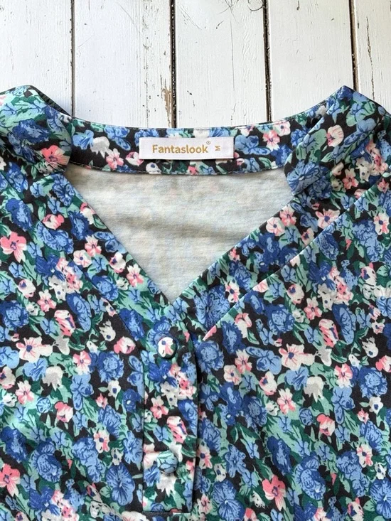 Fantaslook Blue Floral Jersey Knit Blouse Medium Stretch Smocked Sleeve Boho Top - Picture 2 of 6